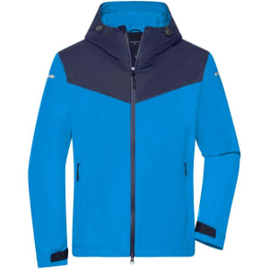A men's all-weather jacket in bright blue and navy, featuring a zip-up front and a hood. It has a logo on the sleeve.