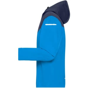 A men's all-weather jacket in bright blue and navy, featuring a hood and reflective detailing.