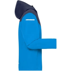 A lightweight all-weather jacket in bright blue and navy, featuring a hood and reflective detail.