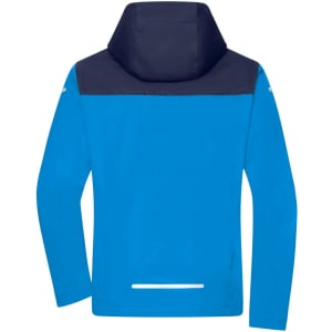 A blue all-weather jacket with a navy hood and back, featuring long sleeves and a branding logo.