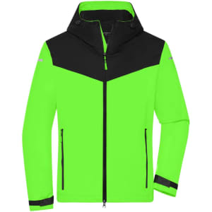 A bright green and black men's all-weather jacket featuring a hood and zippered pockets, with a logo on the front.