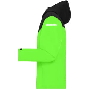A men's all-weather jacket in vibrant lime green with a black hood and reflective details.