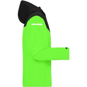 A bright green and black all-weather jacket with a hood, featuring a reflective strip and long sleeves.