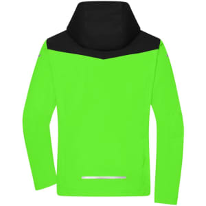 A bright green men's all-weather jacket with a black hood and upper section, featuring a reflective detail at the back.