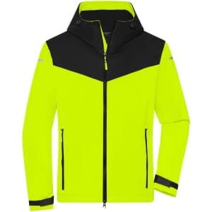A yellow and black men's all-weather jacket with a hood, featuring zippered pockets and a logo.
