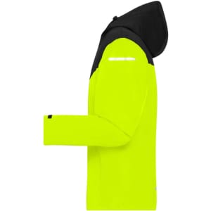 A bright yellow men's all-weather jacket with a black hood and reflective detailing. It features long sleeves.