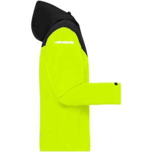 A bright yellow and black men's all-weather jacket featuring a hood and reflective detailing. It has a logo on the sleeve.
