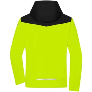 A bright yellow rain jacket with a black hood and shoulders, featuring long sleeves and reflective detailing.