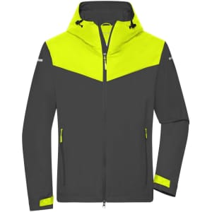 A men's all-weather jacket in grey with a bright yellow upper section and reflective accents, featuring a hood and zippered pockets.