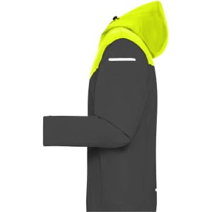 A men's all-weather jacket in black and bright yellow, featuring a hood and reflective detailing.