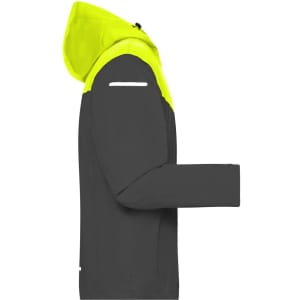 A men's all-weather jacket featuring a black body and a bright yellow hood, with reflective detailing and a logo.