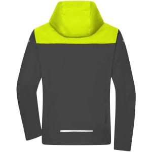A men's all-weather jacket in black with a bright yellow hood and shoulder section, featuring a logo.