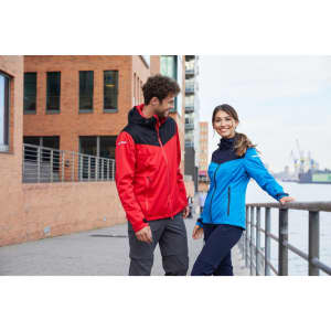 A red and black men's all-weather jacket and a blue women's jacket, both designed for rain protection, displayed by models.