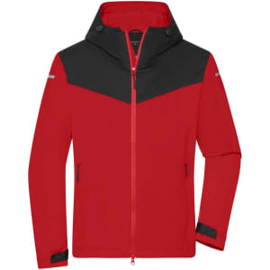 A red and black men's all-weather jacket with a zip front, hood, and pockets, featuring a logo.