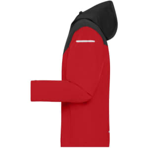 A red and black men's all-weather jacket featuring a hood and long sleeves, with a branding logo on the garment.