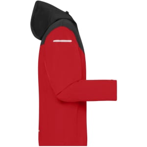 A red and black men's all-weather jacket with a hood and reflective detailing, featuring long sleeves and a logo.