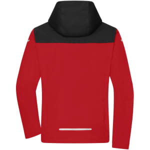 A red all-weather jacket with a black hood and upper portion, featuring a logo on the back.