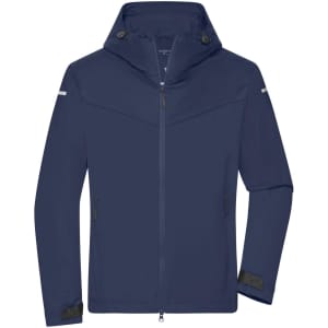 A navy blue men's all-weather jacket with a hood, featuring zippered pockets and a logo on the chest.