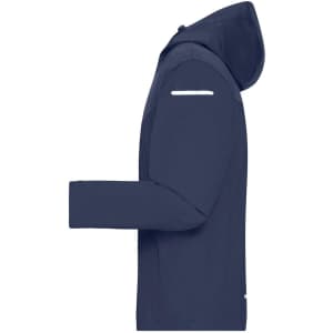 A navy blue men's all-weather jacket with a hood and a logo on the sleeve. Suitable for rain protection.