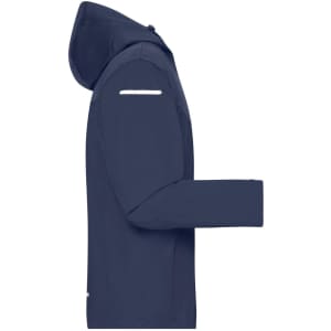 A navy blue all-weather jacket with a hood and a reflective detail on the sleeve, featuring a logo.
