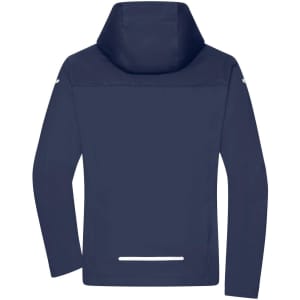A navy all-weather jacket with a hood, featuring a back view and a reflective strip at the hem. It has a logo.