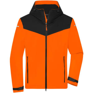 A men's all-weather jacket in bright orange with a black top section, featuring a zipped front and pockets.