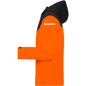 An orange and black men's all-weather rain jacket, featuring a hood and a reflective strip.