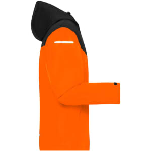 A men's all-weather jacket in bright orange with a black hood. Features reflective elements and a logo.