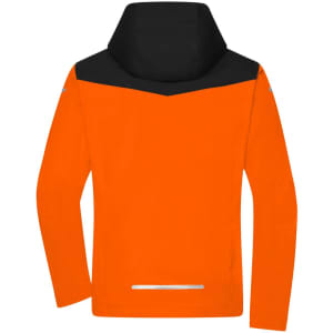 An orange and black men's all-weather jacket with a hood and reflective detailing on the back.