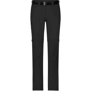 Black ladies zip-off trekking pants with a belt and multiple cargo-style pockets. Features a logo on the waistband.