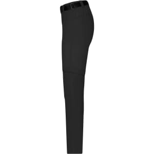 Ladies zip-off trekking pants in black, featuring a cargo style with a waistband and pockets. Includes a branding logo.