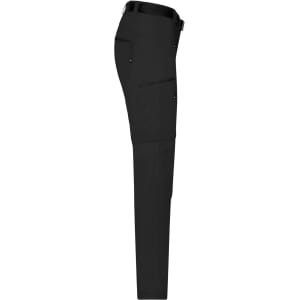 Black ladies zip-off trekking pants featuring a slim fit and cargo pockets. The design includes a logo on the waistband.