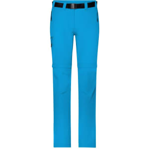 Bright blue zip-off trekking pants with a belt and multiple pockets. Features a logo on the waistband.