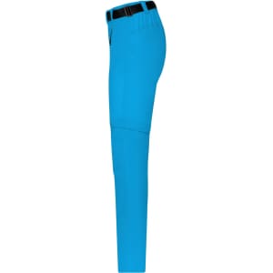 Bright blue zip-off trekking pants with a slim fit, featuring pockets and a belt loop. Includes a logo on the waistband.