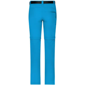 Bright blue ladies' zip-off trekking pants featuring a back pocket and a black belt. Includes a logo on the waistband.