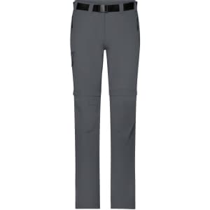 A pair of grey zip-off trekking pants with a belt and cargo pockets. The pants feature a logo on the waistband.