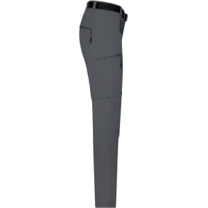 A pair of grey zip-off trekking pants displayed from the side, featuring pockets and a belt. Includes a logo.