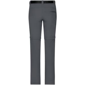 A pair of grey zip-off trekking pants with a sleek design and a back pocket. Features a belt loop and logo.