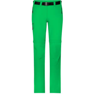 Green zip-off trekking pants featuring multiple pockets and a black belt. Includes branding on the design.