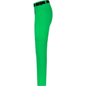 A pair of bright green zip-off trekking pants featuring a black waistband and pockets, displayed from the side.