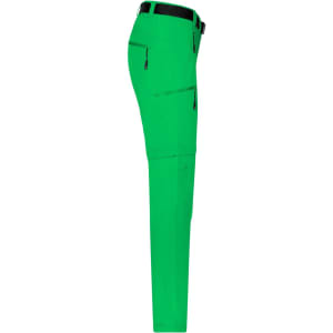 Ladies zip-off trekking pants in bright green with zippered pockets and a black waistband.
