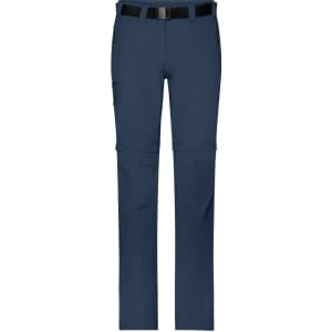 Navy zip-off trekking pants with a belt and cargo pockets, featuring a logo. Designed for outdoor activities.