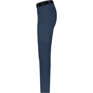 A pair of navy blue ladies zip-off trekking pants featuring a side pocket and a belt loop. The design includes a logo.