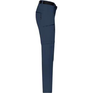 A pair of navy zip-off trekking pants with pockets, featuring a sleek fit and a belt loop.