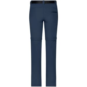 Navy zip-off trekking pants featuring a sleek design and multiple pockets, with a waistband and a logo visible.