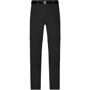 Black men's zip-off trekking pants with a belt and multiple pockets. Features a logo on the side.