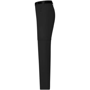 Black men's zip-off trekking pants with a sleek design, featuring a side view and a logo.