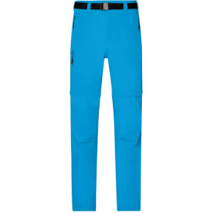 Bright blue men's zip-off trekking pants featuring a belt and multiple zippered pockets, with a logo on the side.