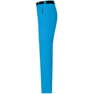 A pair of bright blue zip-off trekking pants with a black waistband and a side pocket.