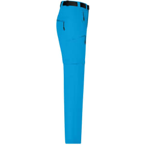 Bright blue men's zip-off trekking pants featuring multiple pockets and a belt. Designed for comfort and versatility.